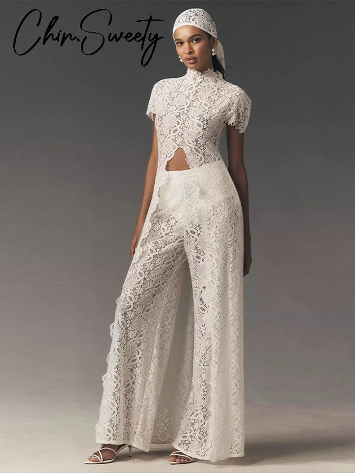 Fashion Lace Solid Women's Shirt Pant Set See Through Short Sleeve Long Tops Straight Trousers 2026 Summer Chic Female Suits 260922