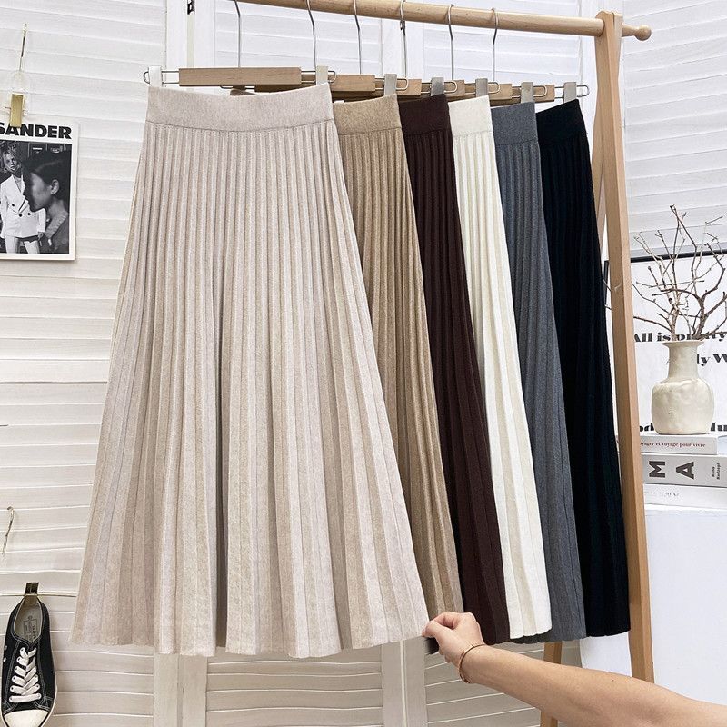 Knit Black Pleated Skirts For Women A Line Winter Long Skirt Lady Gray High Waist Women Knitted Pleated Skirt White 241219 - view 4