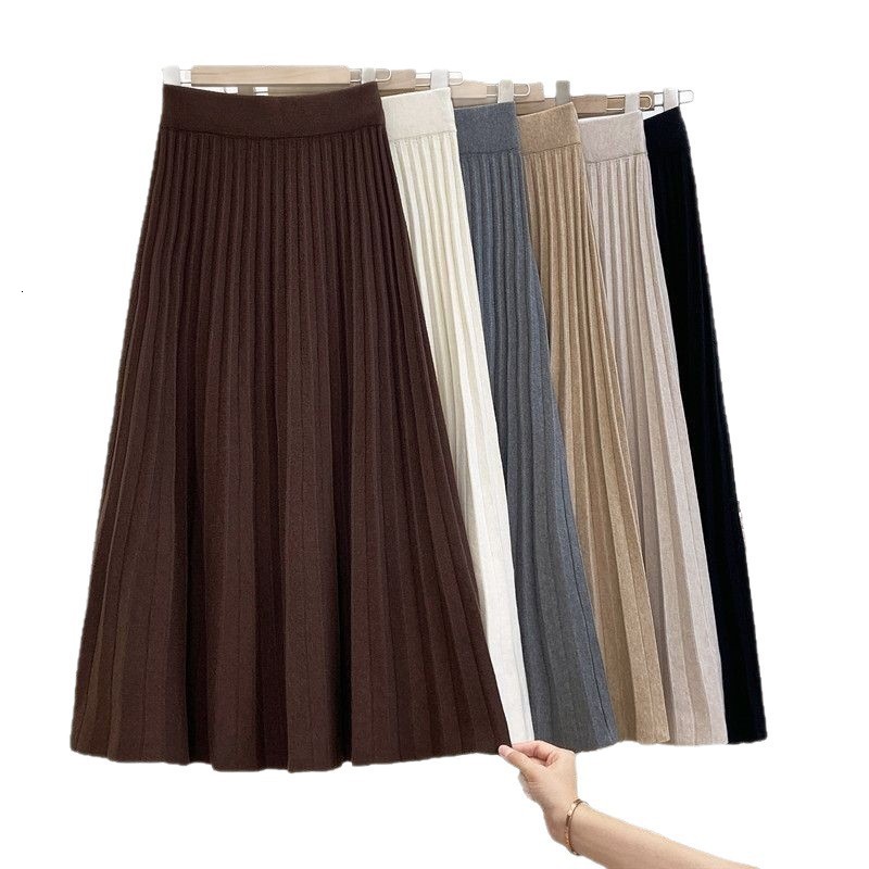 Knit Black Pleated Skirts For Women A Line Winter Long Skirt Lady Gray High Waist Women Knitted Pleated Skirt White 241219 - view 6