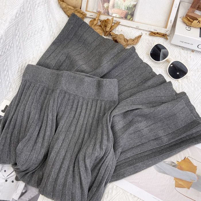 Knit Black Pleated Skirts For Women A Line Winter Long Skirt Lady Gray High Waist Women Knitted Pleated Skirt White 241219 - view 9