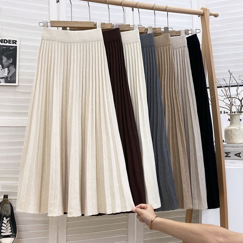 Knit Black Pleated Skirts For Women A Line Winter Long Skirt Lady Gray High Waist Women Knitted Pleated Skirt White 241219 - view 7
