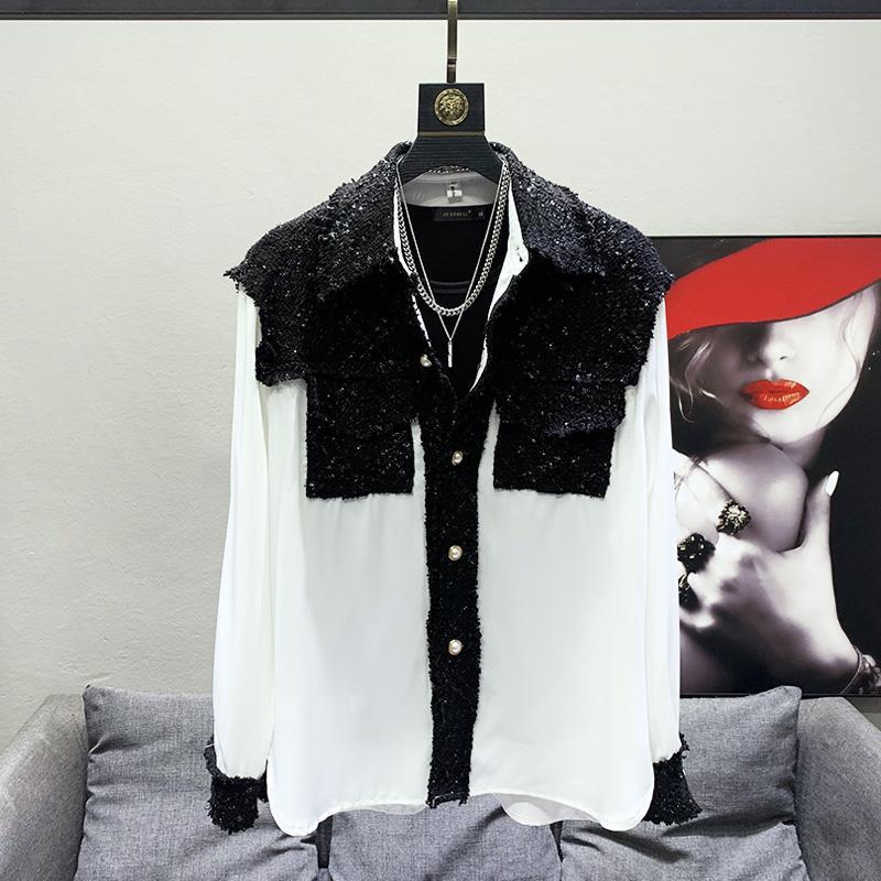 Men Contrast Fabric Patchwork Blouse Long Sleeve Lapel Collar Textured Tweed On Collar Cuffs And Pockets Loose Casual Silhouette - view 4