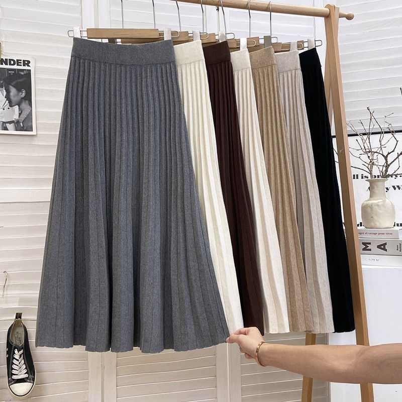 Knit Black Pleated Skirts For Women A Line Winter Long Skirt Lady Gray High Waist Women Knitted Pleated Skirt White 241219 - view 5