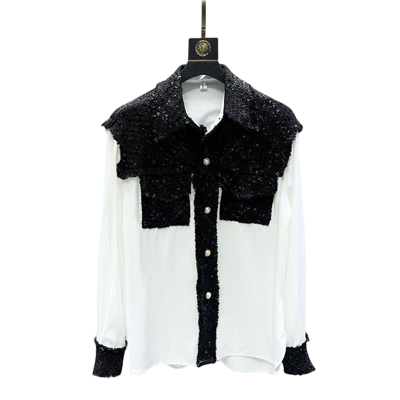 Men Contrast Fabric Patchwork Blouse Long Sleeve Lapel Collar Textured Tweed On Collar Cuffs And Pockets Loose Casual Silhouette