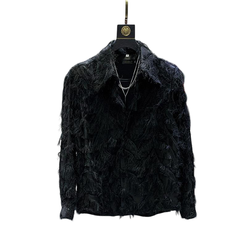Men Turn Down Collar Long Sleeve Shirt Solid Black Three Dimensional Feather Fringe Fabric Single Breasted Button Front Design - view 4