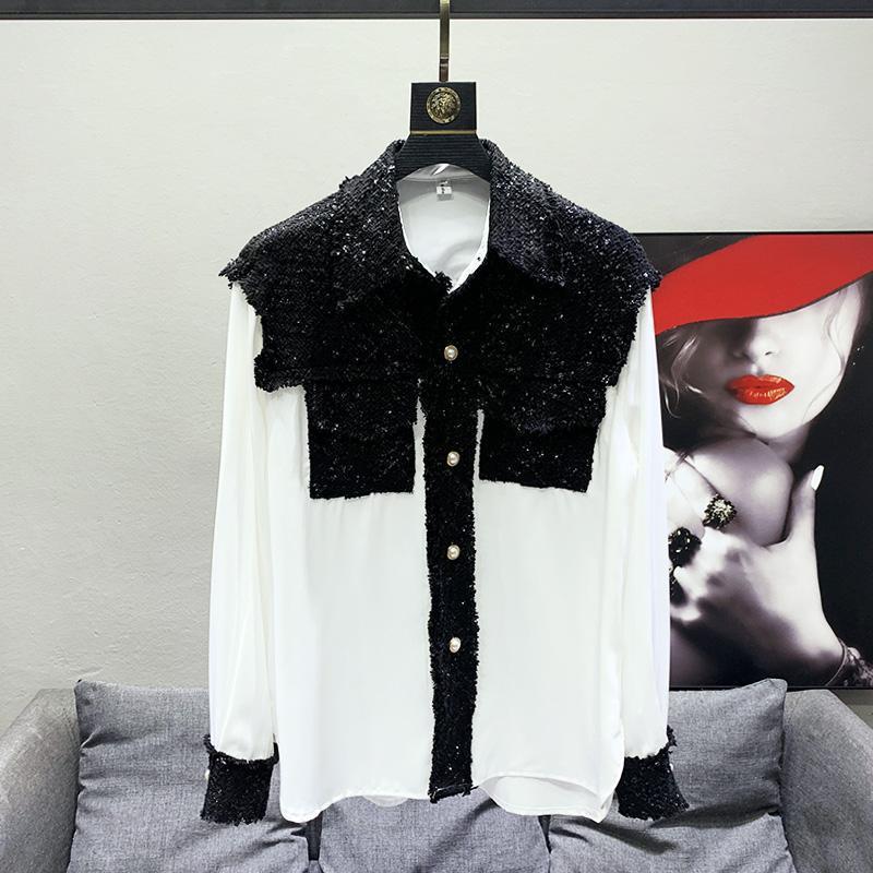 Men Contrast Fabric Patchwork Blouse Long Sleeve Lapel Collar Textured Tweed On Collar Cuffs And Pockets Loose Casual Silhouette - view 5
