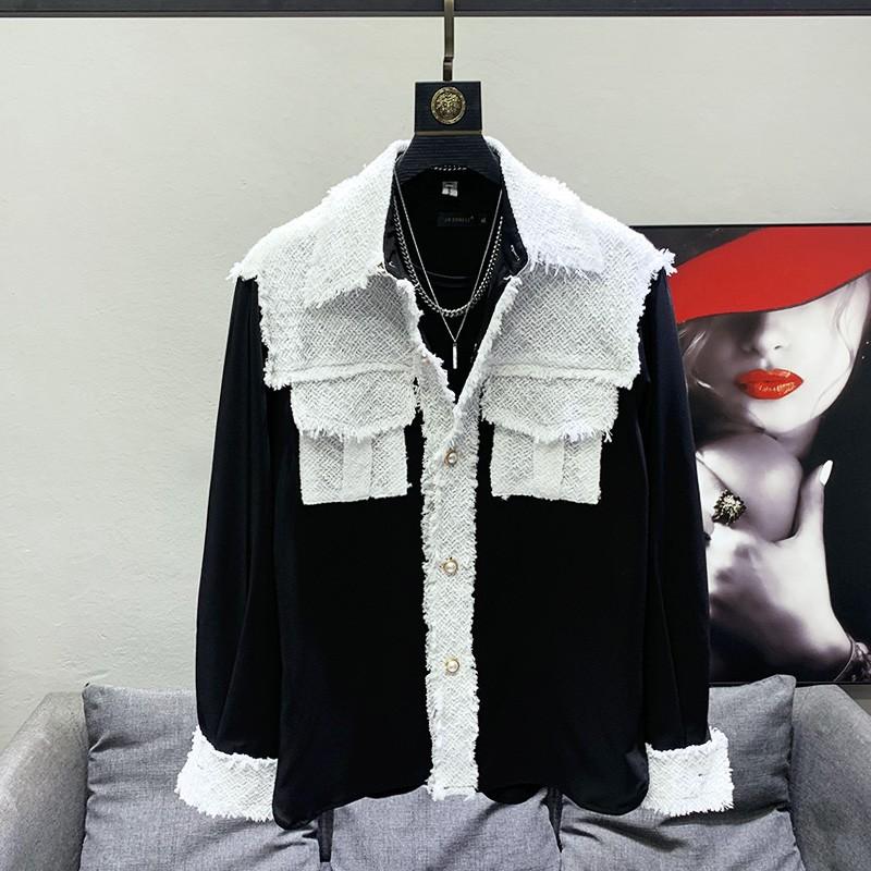 Men Contrast Fabric Patchwork Blouse Long Sleeve Lapel Collar Textured Tweed On Collar Cuffs And Pockets Loose Casual Silhouette - view 3
