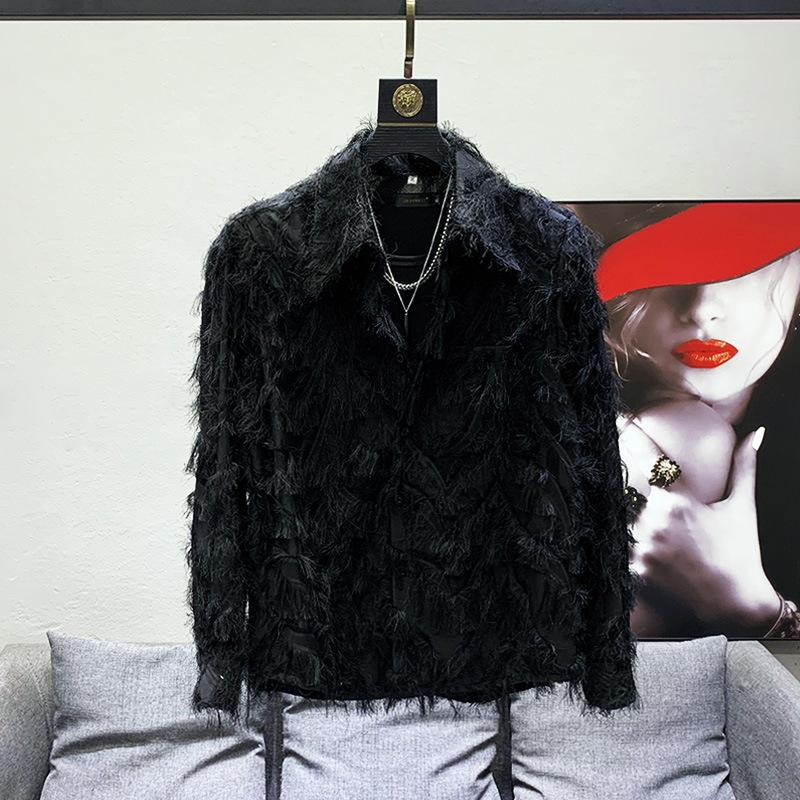 Men Turn Down Collar Long Sleeve Shirt Solid Black Three Dimensional Feather Fringe Fabric Single Breasted Button Front Design - view 3