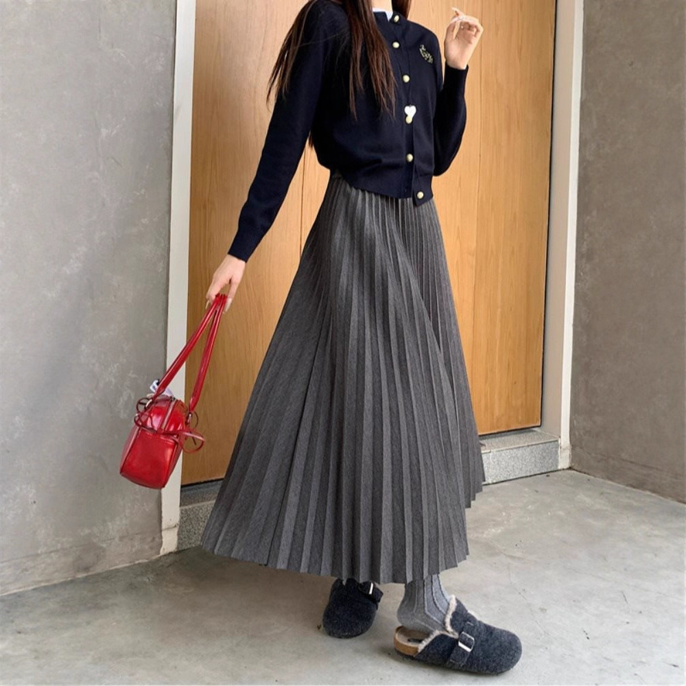Knit Black Pleated Skirts For Women A Line Winter Long Skirt Lady Gray High Waist Women Knitted Pleated Skirt White 241219 - view 3