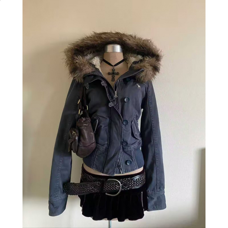 Retro Black Hooded Winter Jacket Mens Womens Y2K Warm Plush Lined Style Outerwear Loose Fit Zipper Pockets Windproof Coats 251222 - view 8