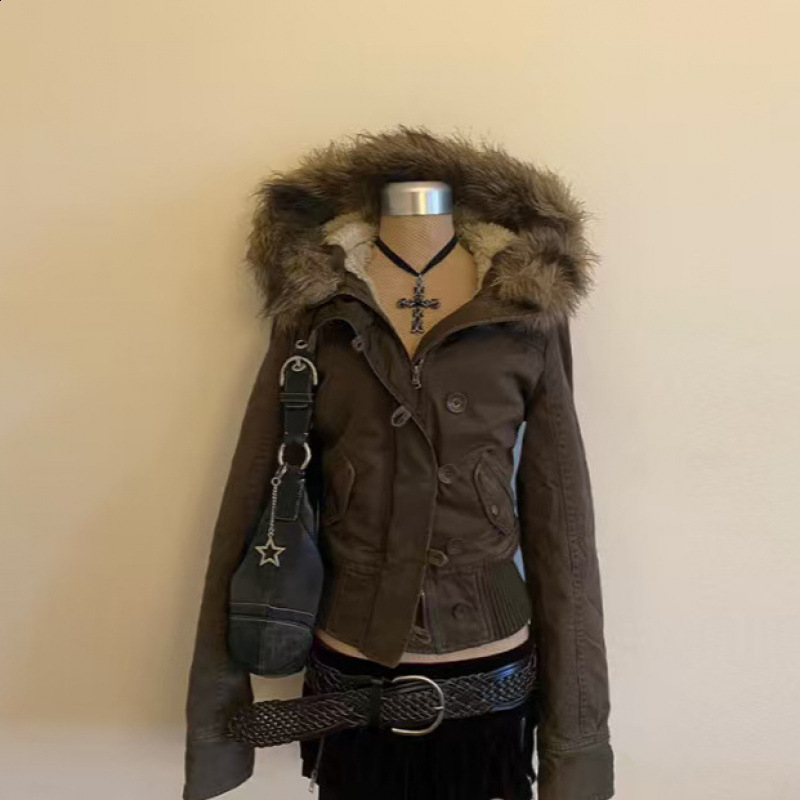 Retro Black Hooded Winter Jacket Mens Womens Y2K Warm Plush Lined Style Outerwear Loose Fit Zipper Pockets Windproof Coats 251222 - view 5