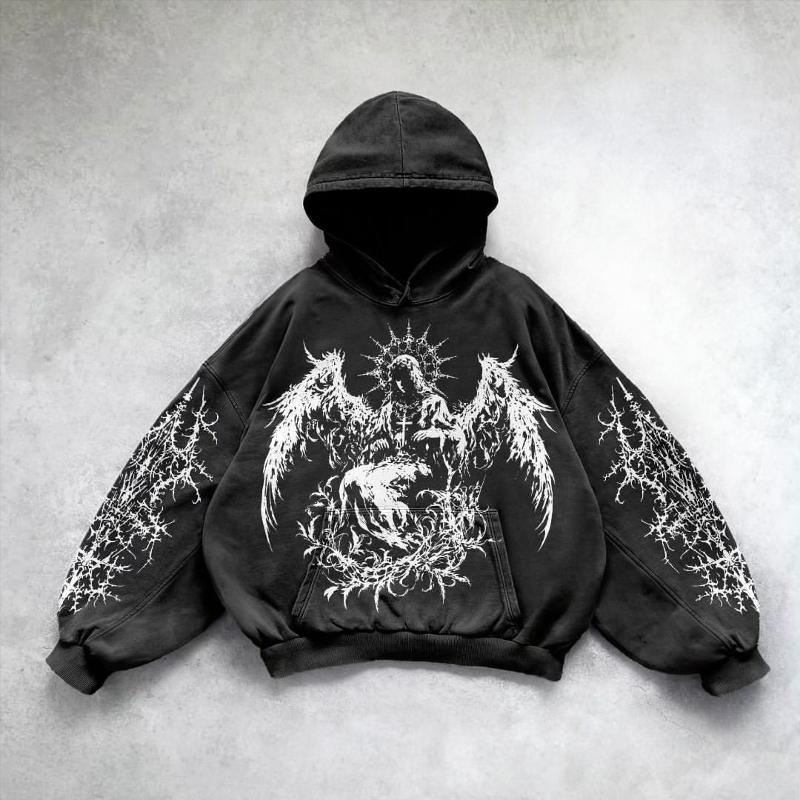 Unisex Heavyweight Washed Seraph Angel Print Hooded Sweatshirt Grunge Dark Gothic Style Long Sleeve Oversized Pullover Hoodie For Street Outfit