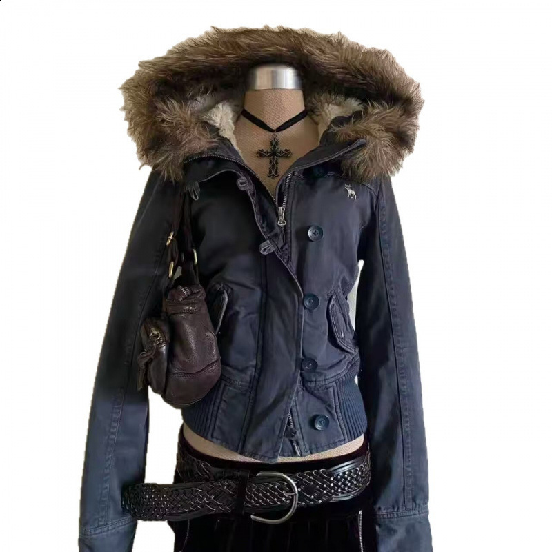Retro Black Hooded Winter Jacket Mens Womens Y2K Warm Plush Lined Style Outerwear Loose Fit Zipper Pockets Windproof Coats 251222 - view 6