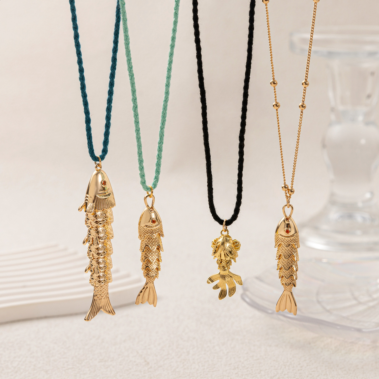 Movable Joints Fish Pendant Necklace For Trendy Crystal Beads Long sweater Chain Jewelry Women Party Accessories Gift260716 - view 4