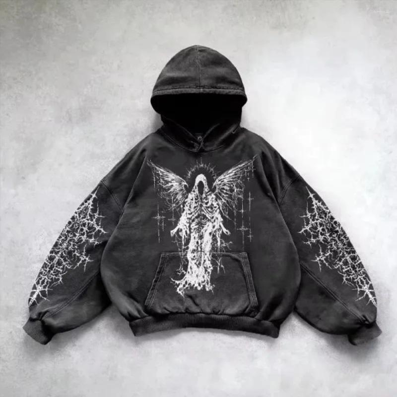 Unisex Heavyweight Washed Seraph Angel Print Hooded Sweatshirt Grunge Dark Gothic Style Long Sleeve Oversized Pullover Hoodie For Street Outfit - view 6