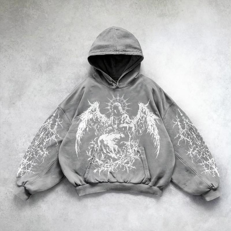 Unisex Heavyweight Washed Seraph Angel Print Hooded Sweatshirt Grunge Dark Gothic Style Long Sleeve Oversized Pullover Hoodie For Street Outfit - view 5