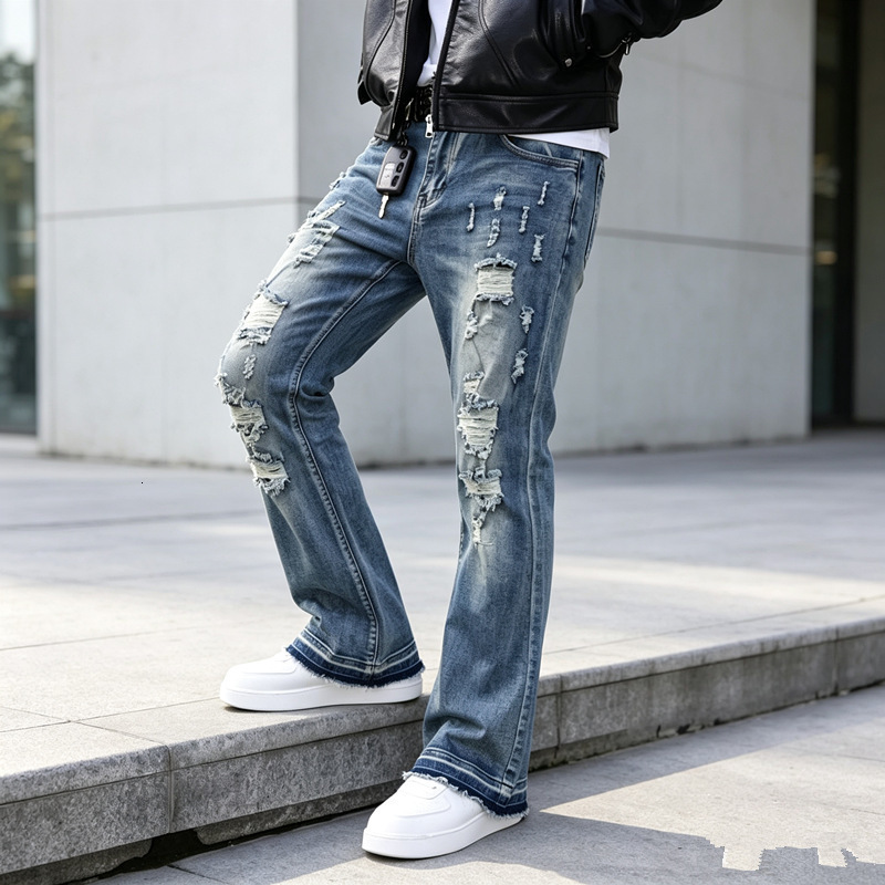 Mens Fashion High Street Jeans Pants With fix Rhinestone Slim Fit Bell Bottom Denim Trousers With Chains Flare Jeans 260717 - view 7