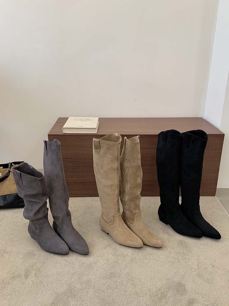 Suede Pointed Toe Wedge Heel Slouch Boots Womens Below Knee Long Boots Petite Pull On Ruched Commuter Elegant Botas Autumn Winter Boots - view 5