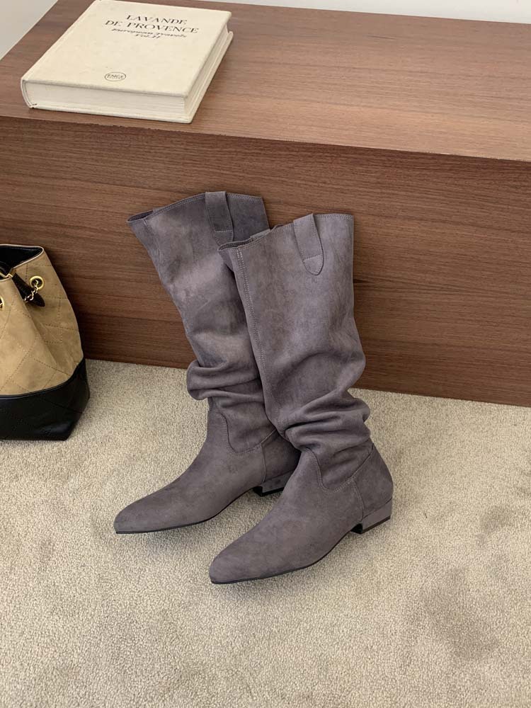 Suede Pointed Toe Wedge Heel Slouch Boots Womens Below Knee Long Boots Petite Pull On Ruched Commuter Elegant Botas Autumn Winter Boots - view 6
