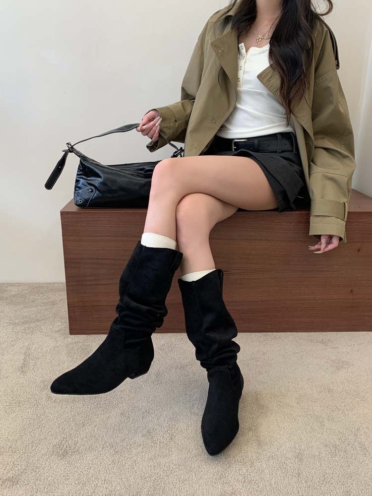 Suede Pointed Toe Wedge Heel Slouch Boots Womens Below Knee Long Boots Petite Pull On Ruched Commuter Elegant Botas Autumn Winter Boots - view 4