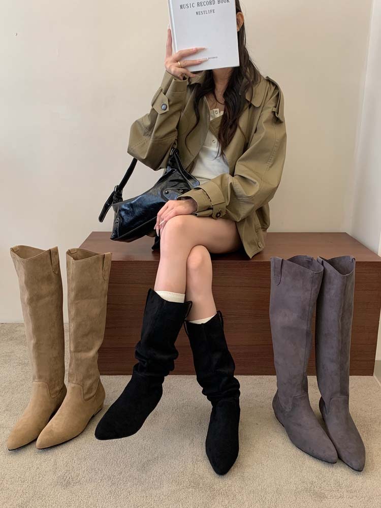 Suede Pointed Toe Wedge Heel Slouch Boots Womens Below Knee Long Boots Petite Pull On Ruched Commuter Elegant Botas Autumn Winter Boots - view 3