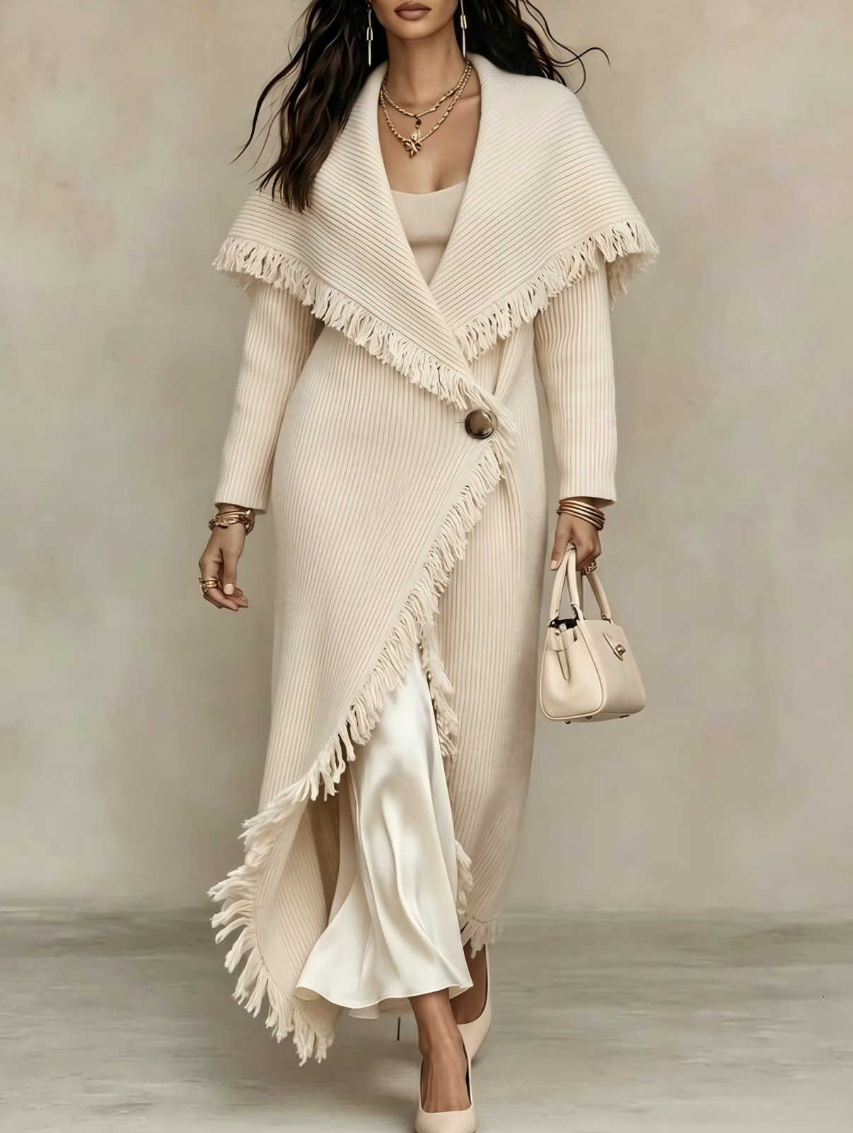 Long Casual Chic Exquisite Fashion Fringe Coat Women's Unique False Two-piece Knitwear Female Elegant Outdoors Casual Clothes D2609029