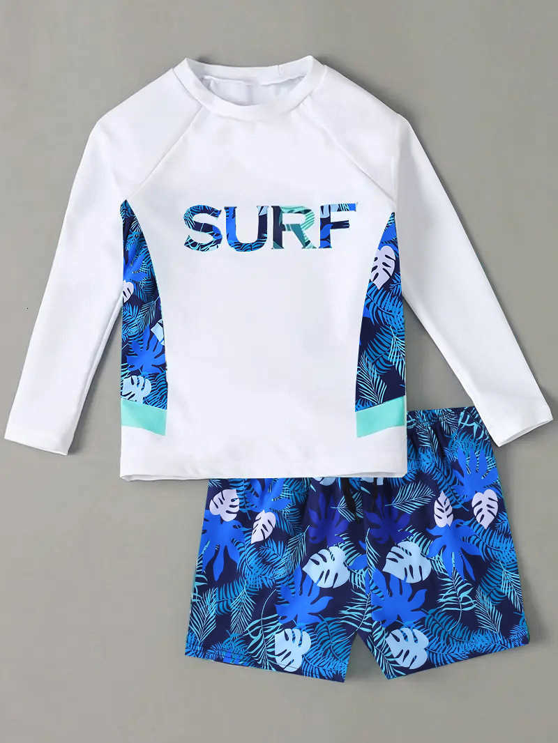 Long-sleeve children's swimsuit for boys, quick-dry sun-protective swimwear for older boys and teenagers with swimming trunks L260803