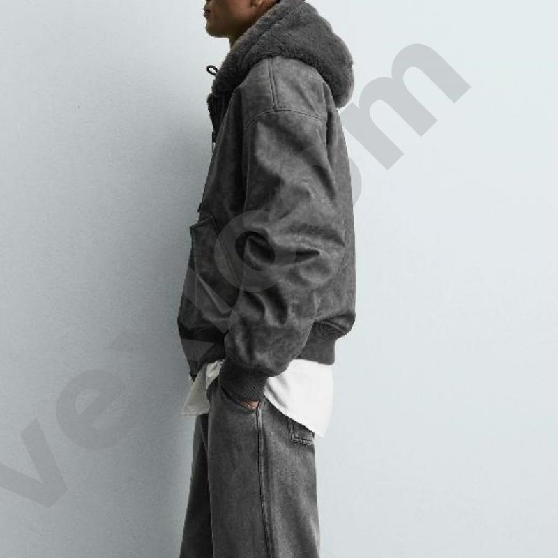 Men Vintage Faux Suede Hooded Jacket Fuzzy Fleece Lined Full Zip Coat Ribbed Cuff Drawstring Hood Loose Fit Warm Casual Outerwear - view 7