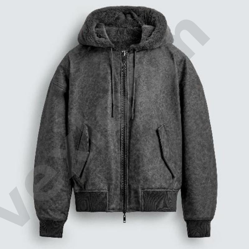Men Vintage Faux Suede Hooded Jacket Fuzzy Fleece Lined Full Zip Coat Ribbed Cuff Drawstring Hood Loose Fit Warm Casual Outerwear - view 3