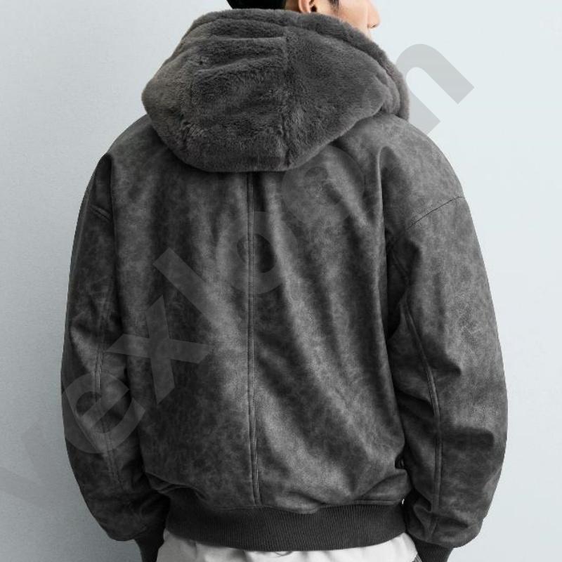 Men Vintage Faux Suede Hooded Jacket Fuzzy Fleece Lined Full Zip Coat Ribbed Cuff Drawstring Hood Loose Fit Warm Casual Outerwear - view 5
