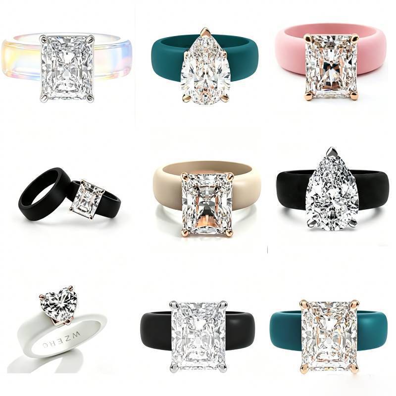 1pc womens colorful silicone ring large rectangular CZ stone silver rose gold pointed inlay comfortable sports wedding ring260530