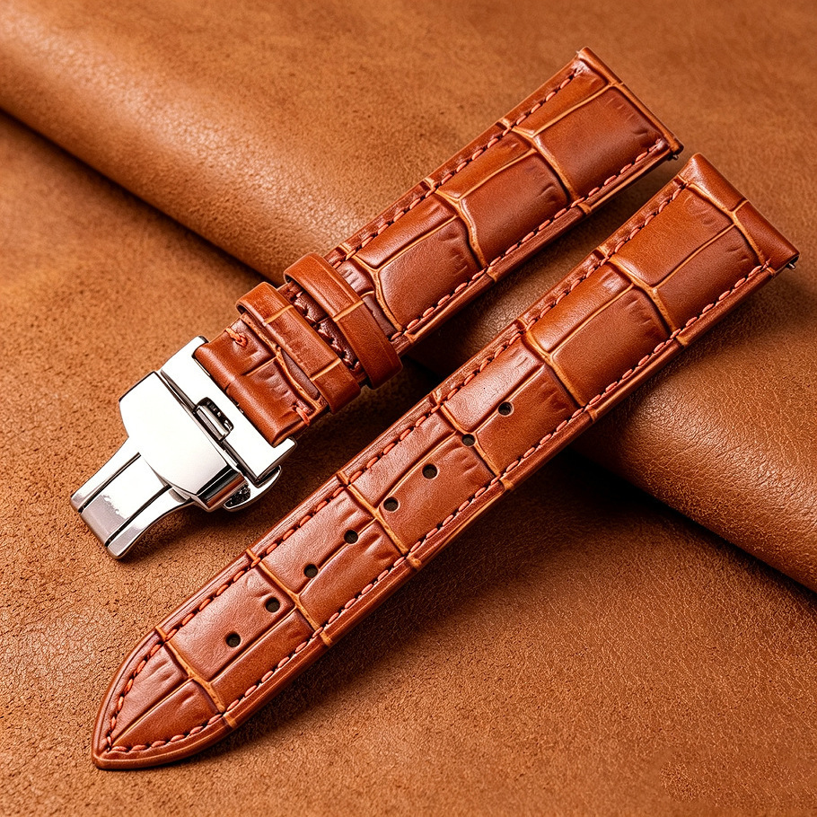 Quickrelease patterned topgrain leather watch strap with butterfly double clasp mens business replacement accessory y260604 - view 4