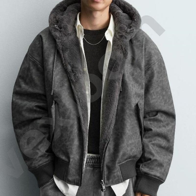 Men Vintage Faux Suede Hooded Jacket Fuzzy Fleece Lined Full Zip Coat Ribbed Cuff Drawstring Hood Loose Fit Warm Casual Outerwear - view 6