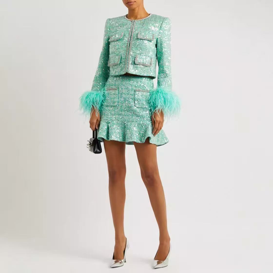 Two Piece Dress Shiny Green Sequined Plaids Tweed Jacket Diamonds 3D Feather Fur Cuff Sleeves Coarse Suits Coat A-Line Ruffles Skirt 2Pcs - view 9