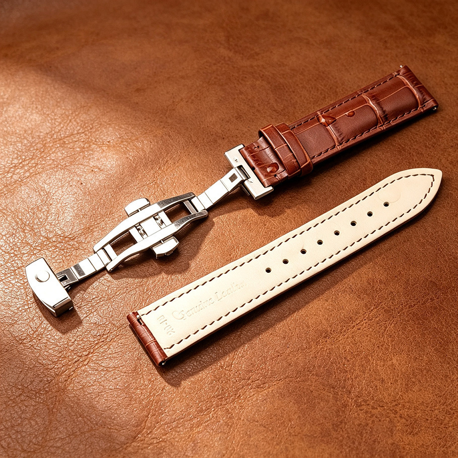 Quickrelease patterned topgrain leather watch strap with butterfly double clasp mens business replacement accessory y260604 - view 5