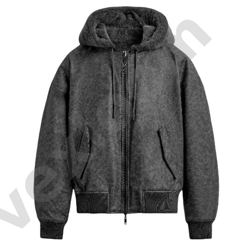 Men Vintage Faux Suede Hooded Jacket Fuzzy Fleece Lined Full Zip Coat Ribbed Cuff Drawstring Hood Loose Fit Warm Casual Outerwear - view 8