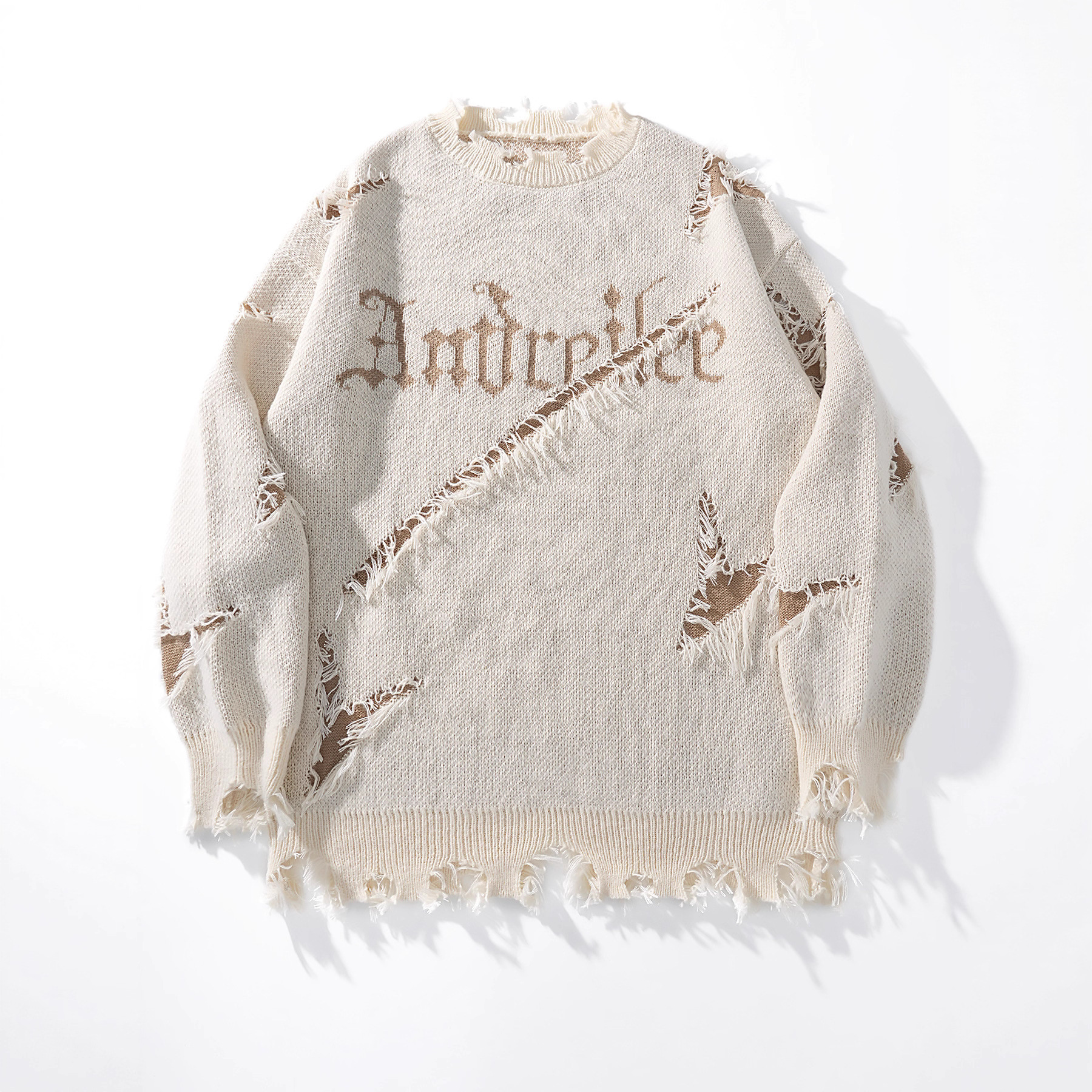 WOZK men's ripped sweater, autumn and winter distressed, letter jacquard knit sweater, top trendy