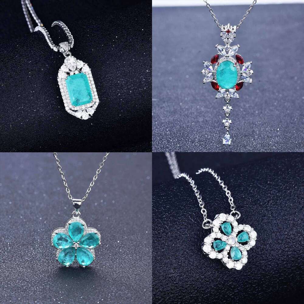 Luxury Paraiba Tourmaline Stone Pendant Necklaces Ladies Fashion Silver Color Clover Necklace Chain Wedding Jewelry Gifts