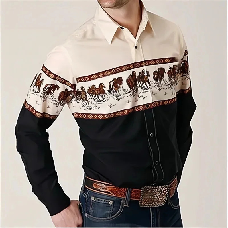 Mens Western Cowboy Style Ethnic Geometric Print Shirt Vintage LongSleeve Lapel Fashion Casual Top Sizes S6XL 251230