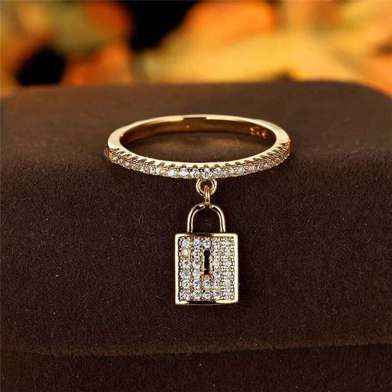 Luxury Female Crystal Lock Pendant Ring Trendy Gold Silver Color Engagement Jewelry Charm White Zircon Wedding Rings For Women