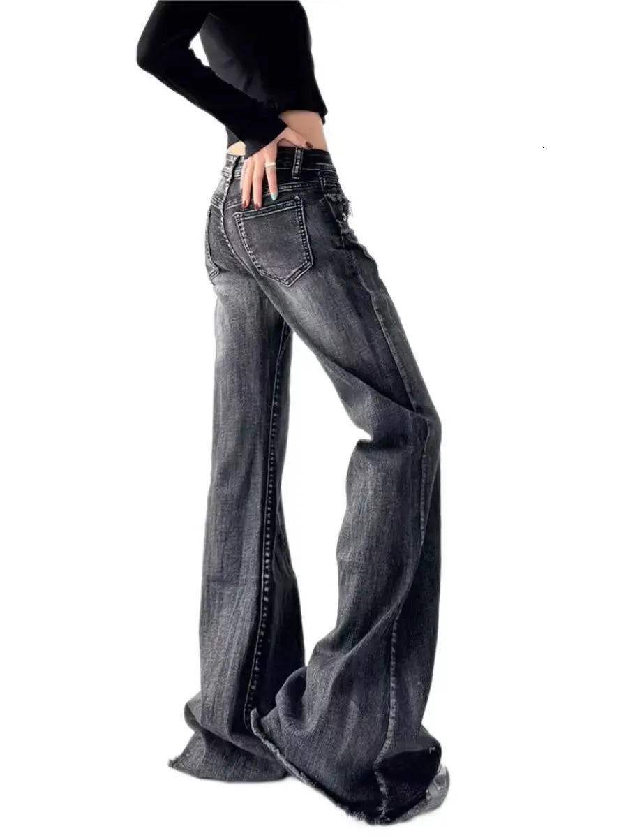 retro micro-flare women jeans ins fashionable streetwear girl style belt bristled slim straight pants 260120