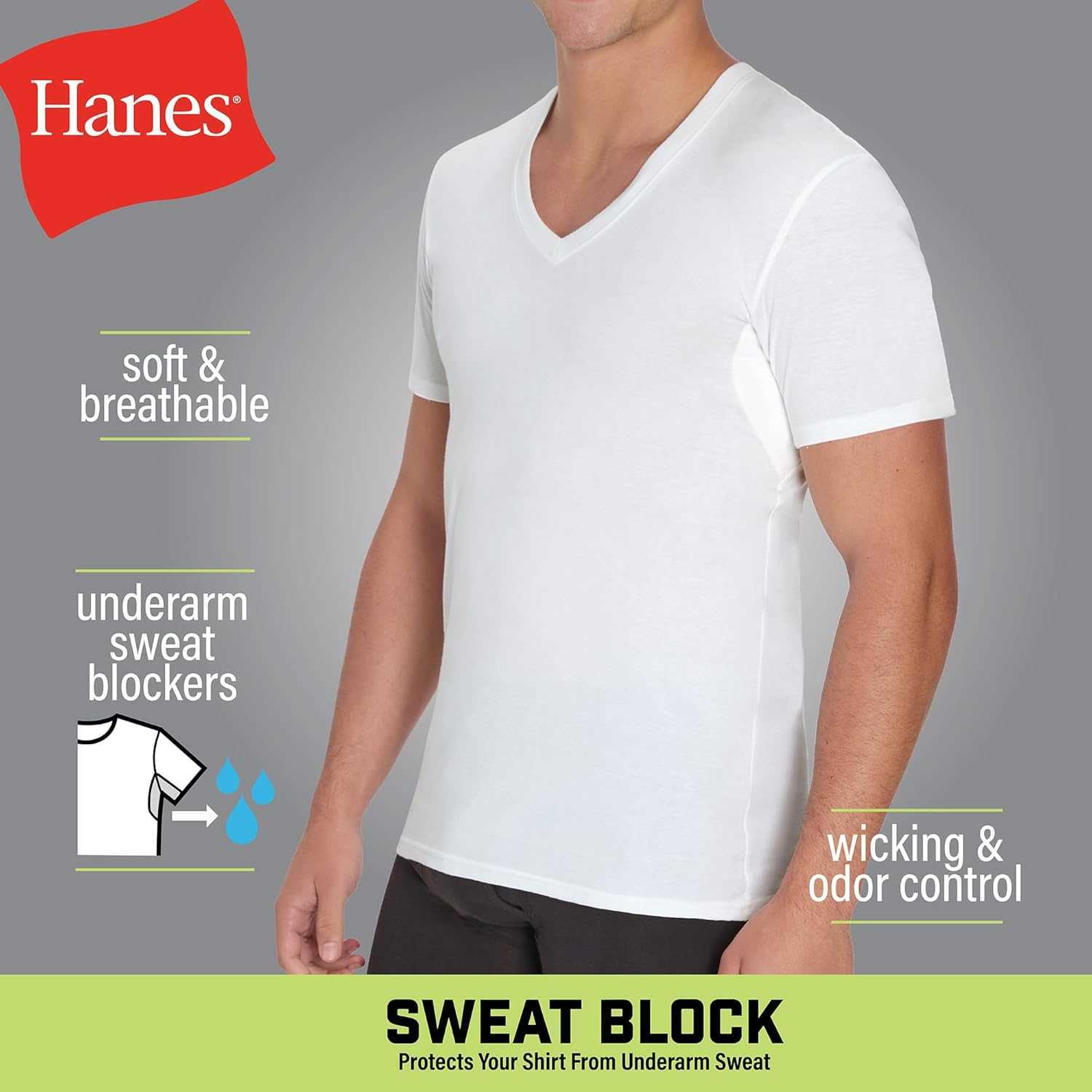 Hanes Mens Sweat Block Undershirt Underarm Sweat Blocking Tee White V-Neck T-Shirt 3-Pack