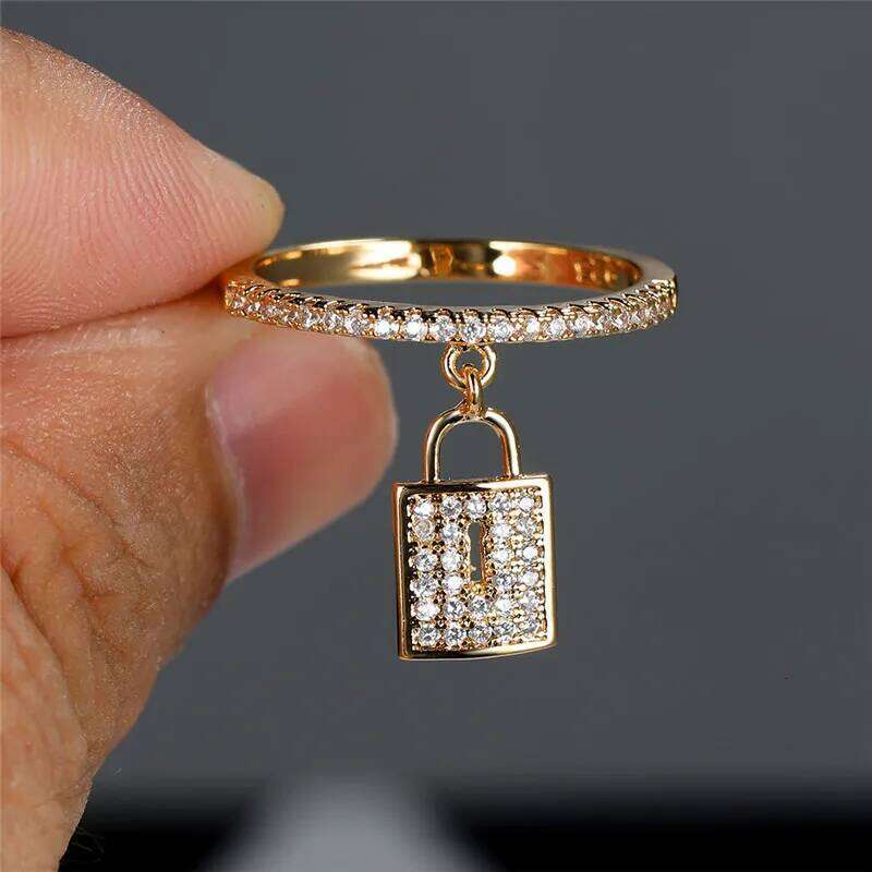 Luxury Female Crystal Lock Pendant Ring Trendy Gold Silver Color Engagement Jewelry Charm White Zircon Wedding Rings For Women