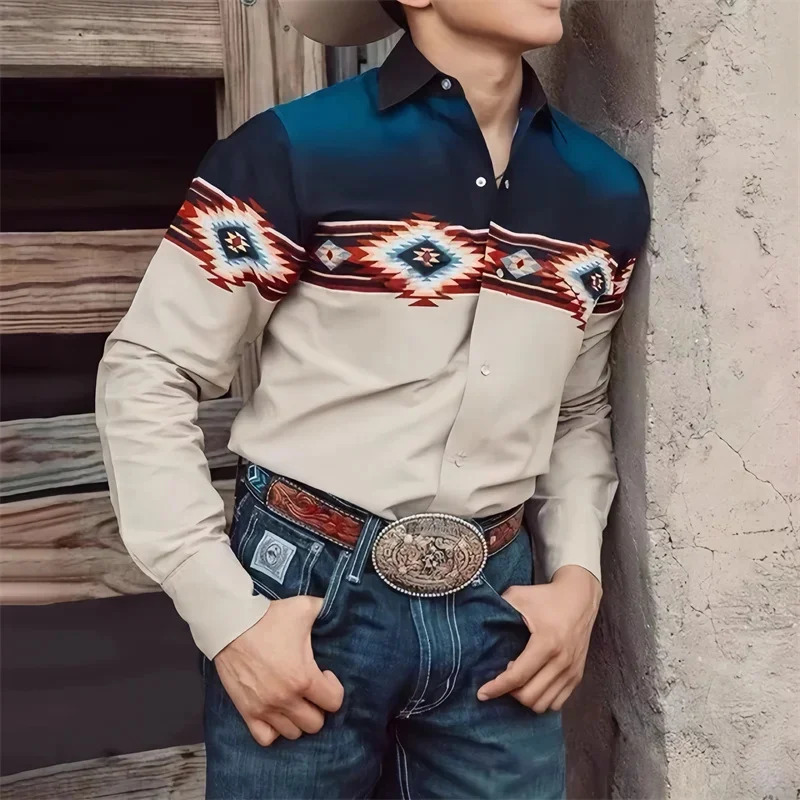 Mens Western Cowboy Style Ethnic Geometric Print Shirt Vintage LongSleeve Lapel Fashion Casual Top Sizes S6XL 251230
