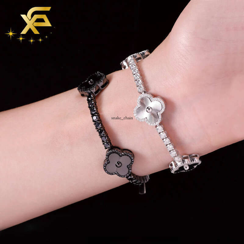 VVS Moissanite 18k White Gold/Black Electroplated Four-Leaf S925 Sterling Silver 3mm VVS Diatomaceous Earth Clover Tennis Bracelet Jewelry