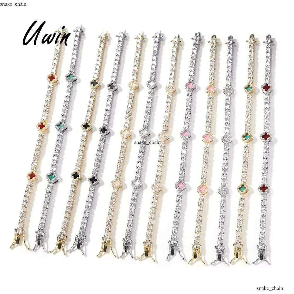 VVS Moissanite UWIN Pink Clover Tennis Chain Bracelet 18k Gold Plated Natural 4-Leaf Lucky with Pearl Stone Women's Jewelry