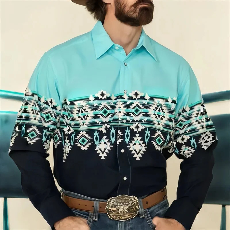 Mens Western Cowboy Style Ethnic Geometric Print Shirt Vintage LongSleeve Lapel Fashion Casual Top Sizes S6XL 251230