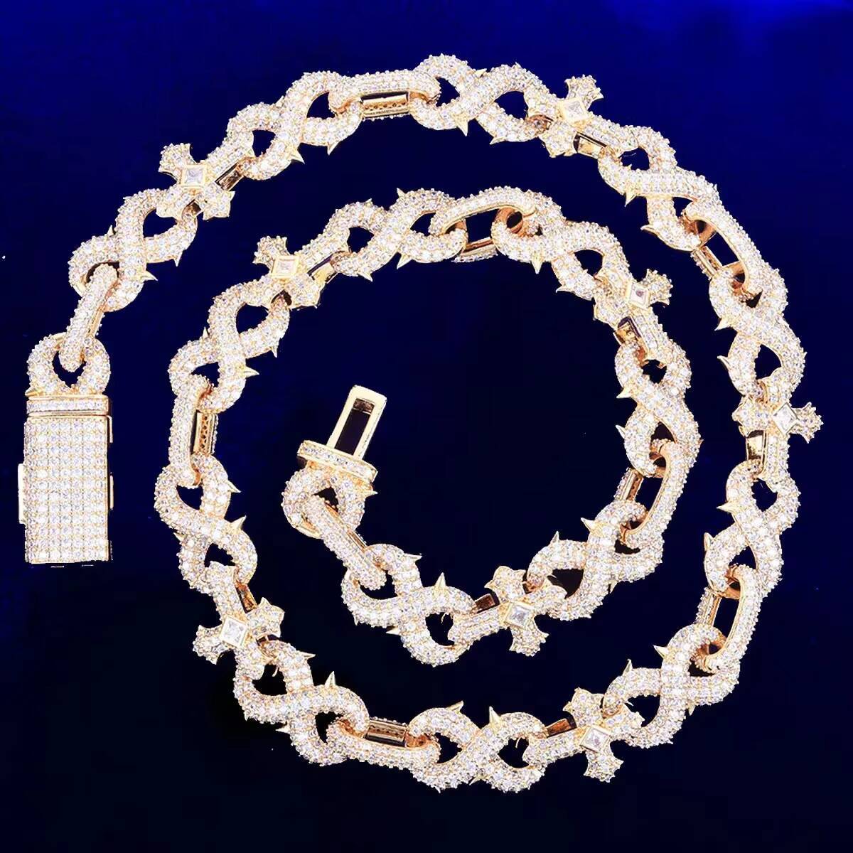 925 Sterling Silver Punk Number 8 Spiked VVS D Color Moissanite Cuban Cross Link Chain Necklace for Certified Bezel Set