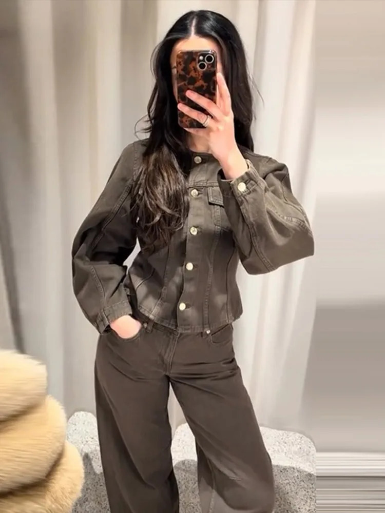 Chic Denim Jacket Long Pant Womans Set Classic Brown Single Breasted Jackets Low Waist Trousers Sets Female Street Outfits 251219 - view 6