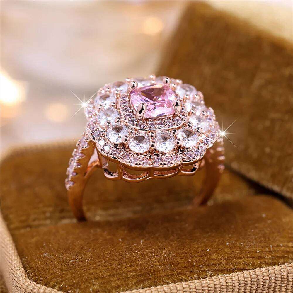 Luxury Female White Pink Square Flower Round Zircon Stone Ring Rose Gold Color Dainty Gift Party Wedding Jewelry For Women